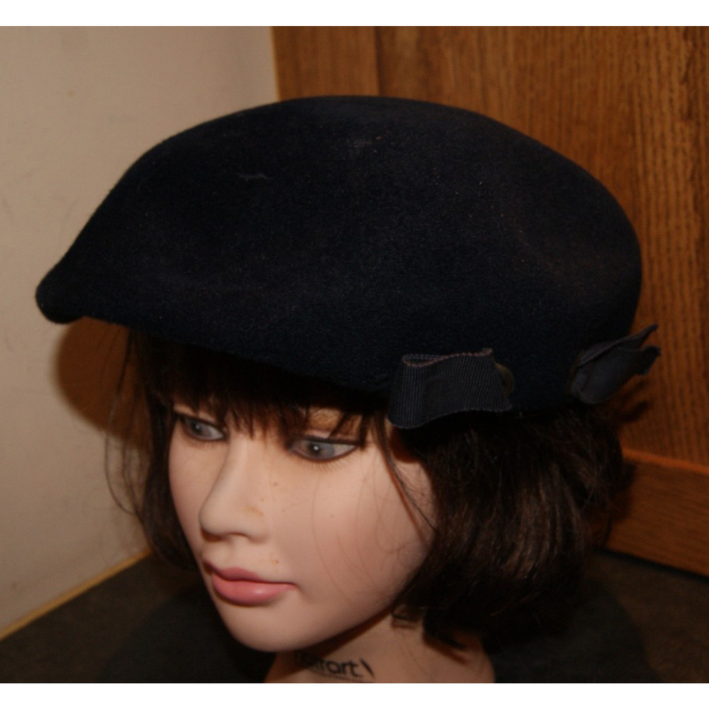 Vtg 50s Velvet Navy Blue Beret Hat Union Made Womens M Peachbloom Velour USA